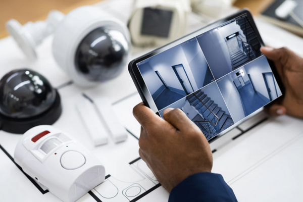 hand holding tablet checking security system